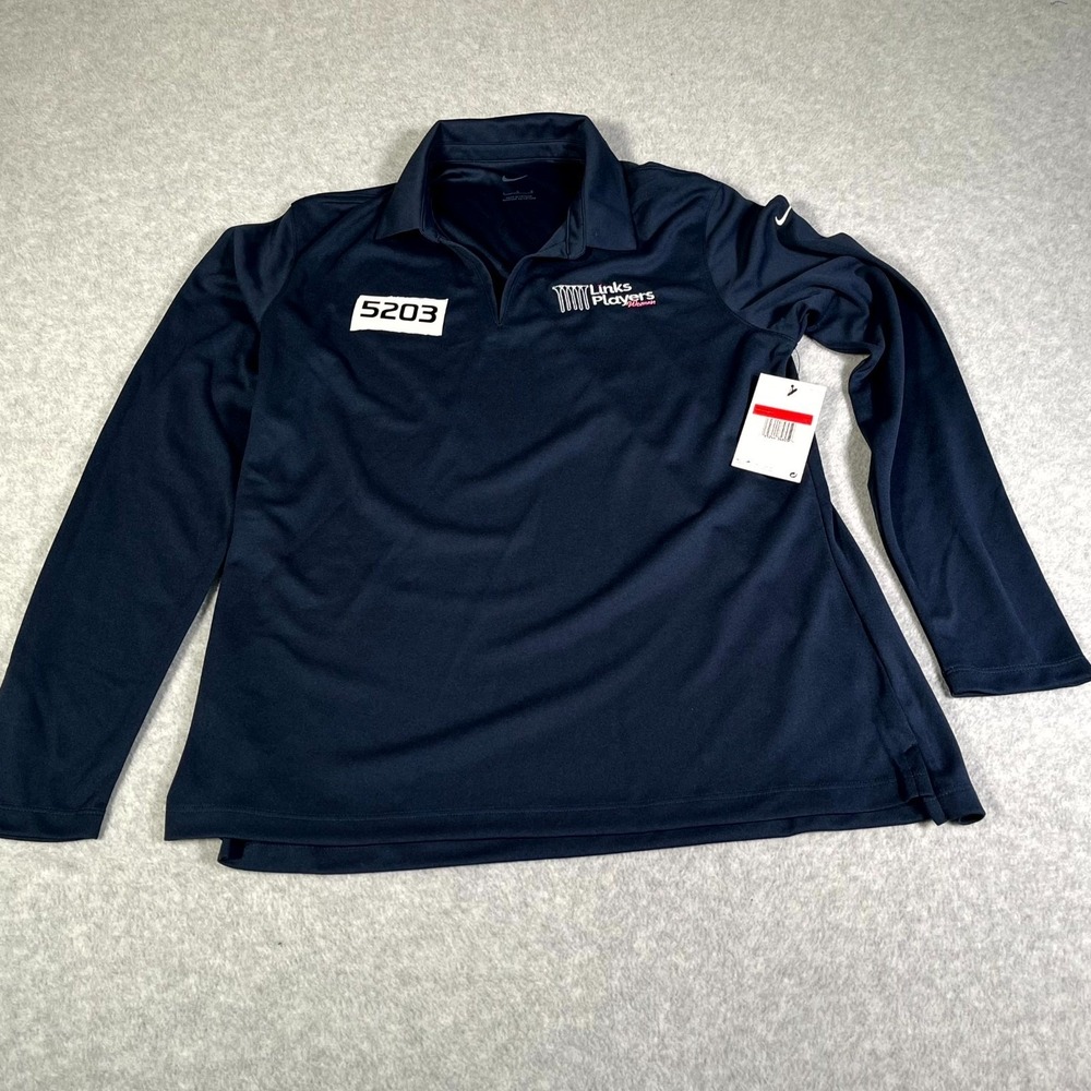 Nike‎ Performance Polo Shirt Womens Large Navy Blue Striped Spell Out Golf